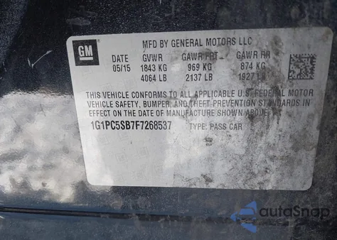 2015 Chevrolet Cruze 1Lt Auto из США, поврежденный, VIN 1G1PC5SB7F7268537